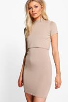 Boohoo Petite Melanie Turtleneck Double Layer Dress Stone