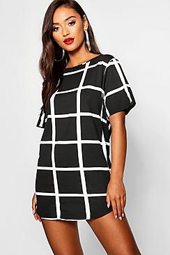 Boohoo Petite Curved Hem Grid Check T-shirt Dress