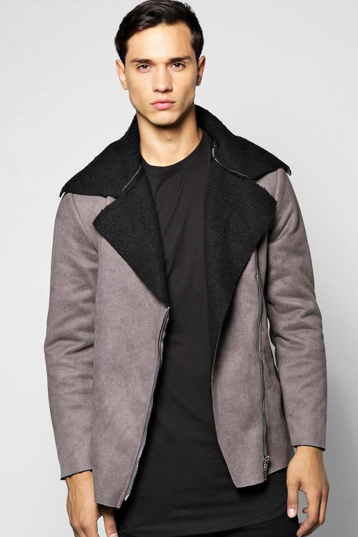 Boohoo Borg Lined Aviator Jacket With Buckle Detail Grey