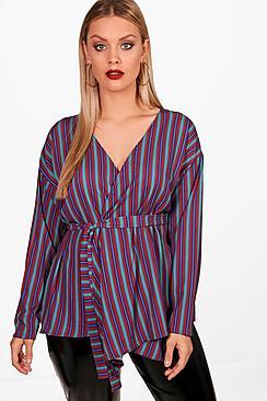 Boohoo Plus Jade Stripe Wrap Tie Top