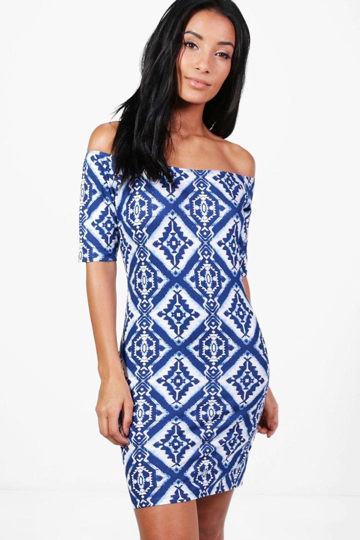 Boohoo Jenny Printed Off Shoulder Bodycon Dress Blue