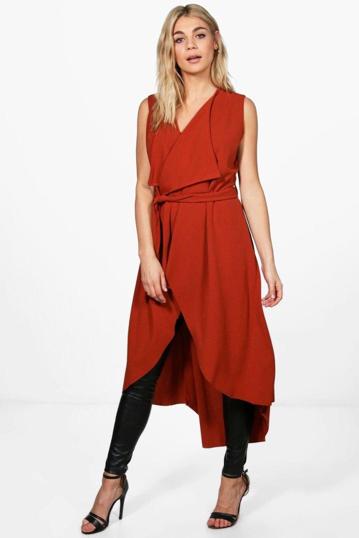 Boohoo Charlotte Belted Sleeveless Waterfall Duster Rust