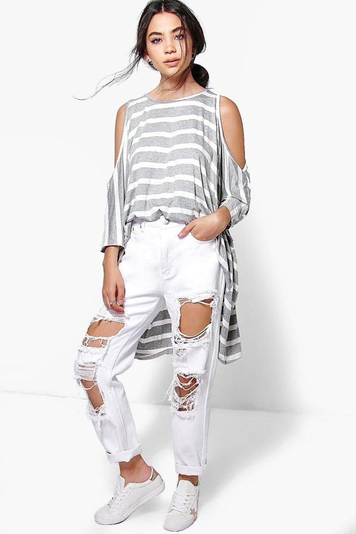 Boohoo Kate Stripe Oversized Cold Shoulder Top Grey