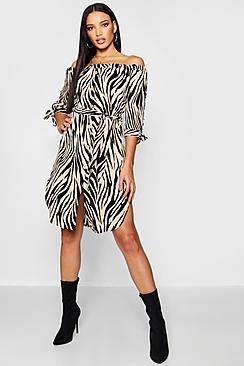 Boohoo Zebra Print Horn Button Bardot Shift Dress