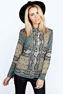 Boohoo Rae Tile Print Long Sleeve Blouse