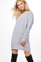 Boohoo Emma Slash Neck Distressed Hem Jumper Dress Grey
