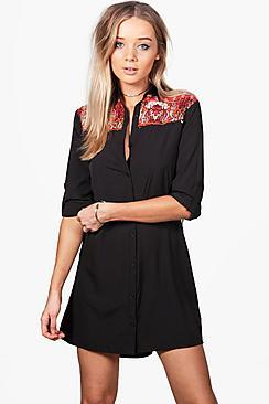 Boohoo Elsie Fringed Back Western Shirt Dress