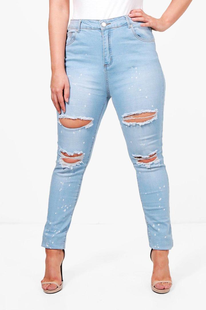 Boohoo Plus Claire Paint Splatter Skinny Jean Blue