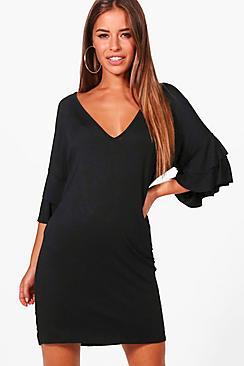 Boohoo Petite Becca Ruffle Sleeve Plunge T-shirt Dress