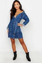 Boohoo Petite Off The Shoulder Belted Denim Dress