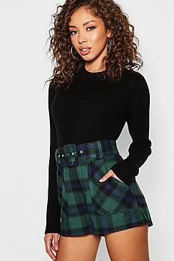 Boohoo Tartan Belted High Waist Shorts