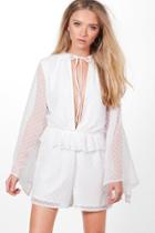 Boohoo Boutique Lisa Spot Chiffon Ruffle Playsuit White