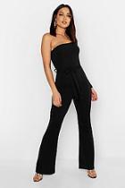 Boohoo Slinky Long Sleeve One Shoulder Flare Jumpsuit