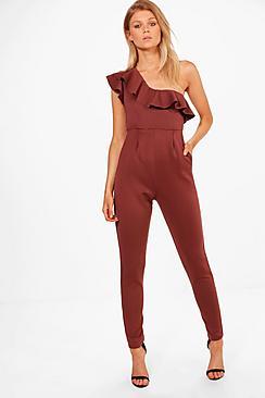Boohoo Petite Clara One Shoulder Frill Jumpsuit