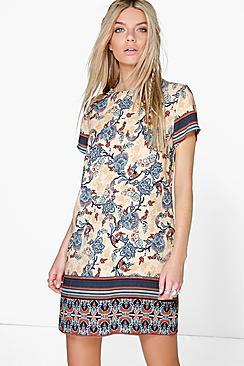 Boohoo Belene Border Print Cap Sleeve Shift Dress