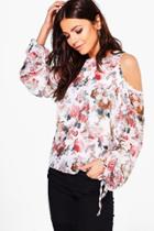 Boohoo Lucy Lace Trim Open Shoulder Floral Blouse Cream