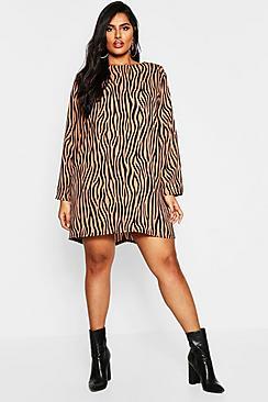 Boohoo Plus Long Sleeve Zebra Print Shift Dress