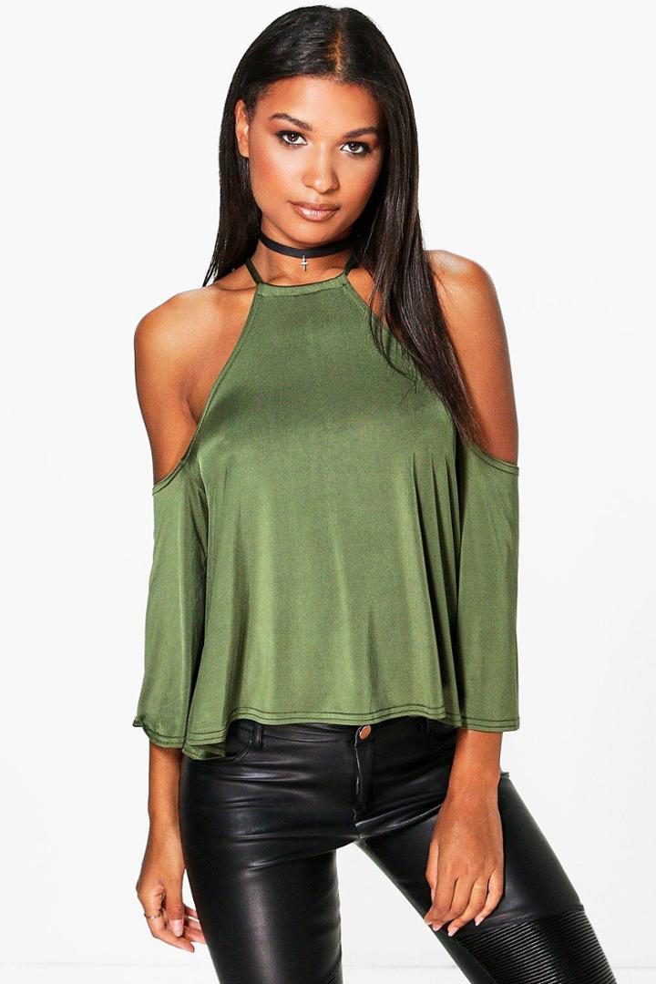 Boohoo Sophia  Slinky Cut Away Oversized Top Olive