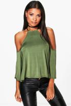 Boohoo Sophia  Slinky Cut Away Oversized Top Olive