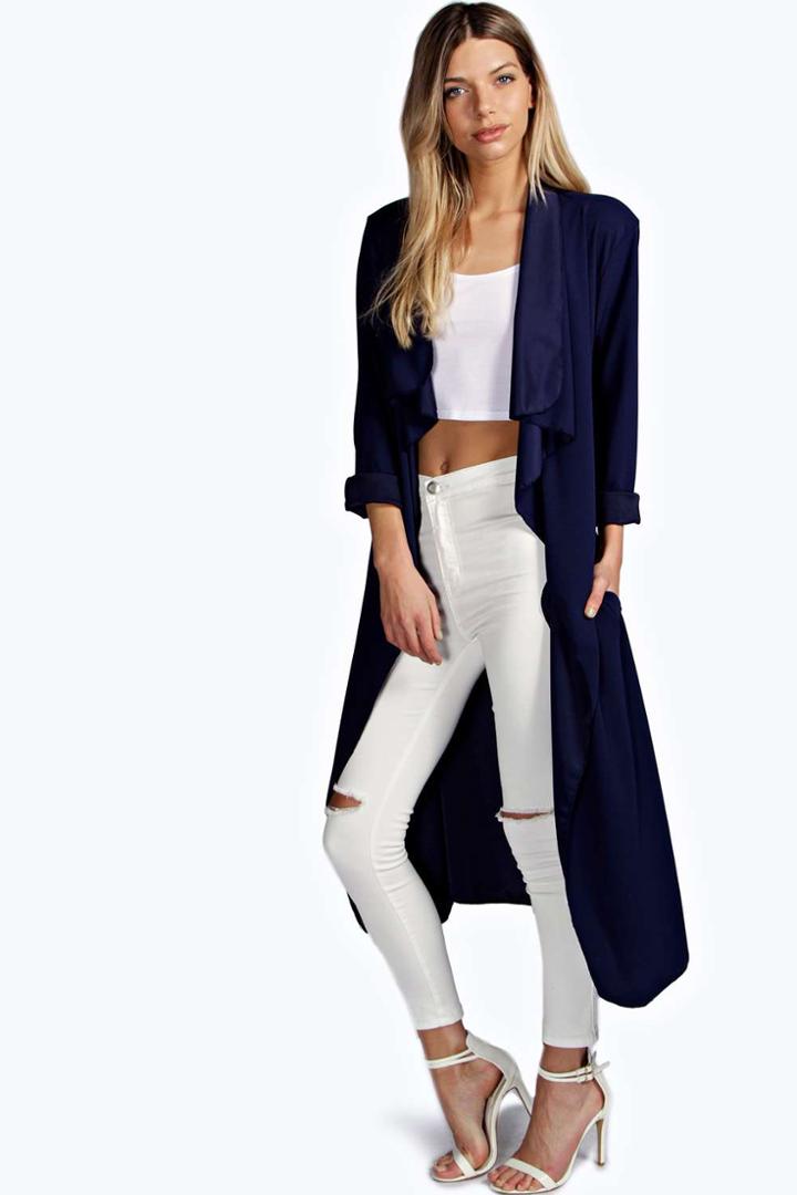 Boohoo Elsa Crepe Belted Waterfall Duster - Navy