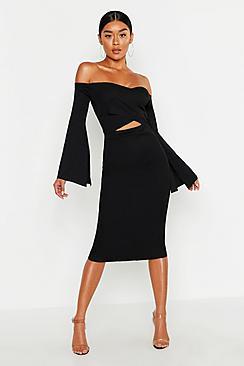 Boohoo Bardot Split Sleeve Rib Bodycon Midi Dress