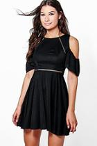 Boohoo Em Cold Shoulder Ladder Trim Skater Dress