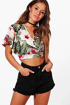 Boohoo Petite Jemima Wrap Kimono Sleeve Crop Top