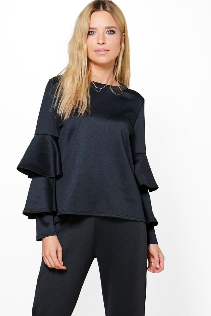 Boohoo Annabelle Double Frill Sleeve Top Black