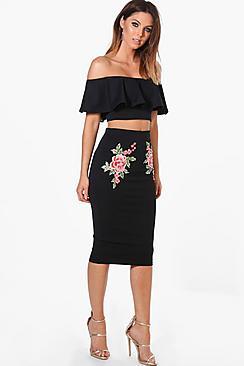 Boohoo Paige Embroidered Frill Crop & Midi Co-ord Set