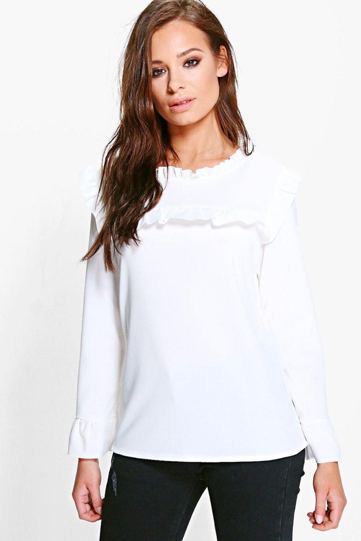 Boohoo Jill Ruffle Neck & Cuff Blouse Ivory