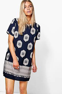 Boohoo Edie Cap Sleeved Border Print Shift Dress