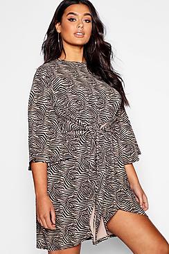 Boohoo Plus Zebra Kimono Tie Waist Wrap Dress