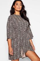 Boohoo Plus Zebra Kimono Tie Waist Wrap Dress