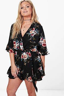 Boohoo Plus Sophie Ruffle Hem Floral Wrap Playsuit