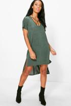 Boohoo Veronique Strap Detail Dip Hem Dress Khaki