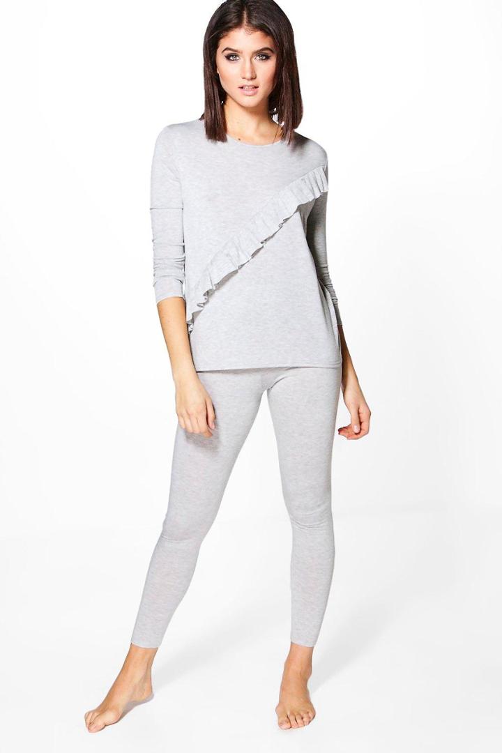 Boohoo Sarah Jersey Ruffle Lounge Top + Legging Set Grey