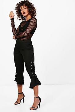 Boohoo Leah Woven Lace Up Frill Hem Slim Trouser