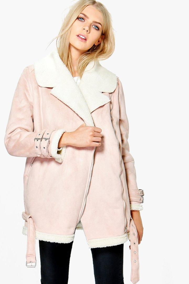 Boohoo Grace Suedette Aviator Jacket Blush