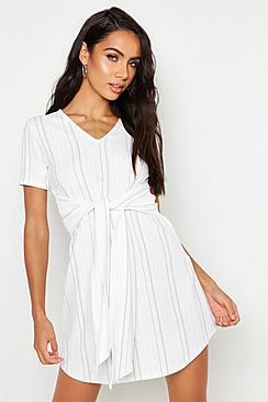 Boohoo Stripe Tie Waist Curve Hem Shift Dress