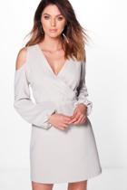 Boohoo Lola Cold Shoulder Woven Tailored Dress Silver