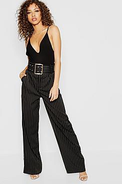 Boohoo Pinstripe Belted Wide Leg Trouser