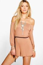 Boohoo Emily Off The Shoulder Jersey Playsuit Camel