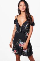 Boohoo Aliah Floral Cold Shoulder Frill Hem Dress Black