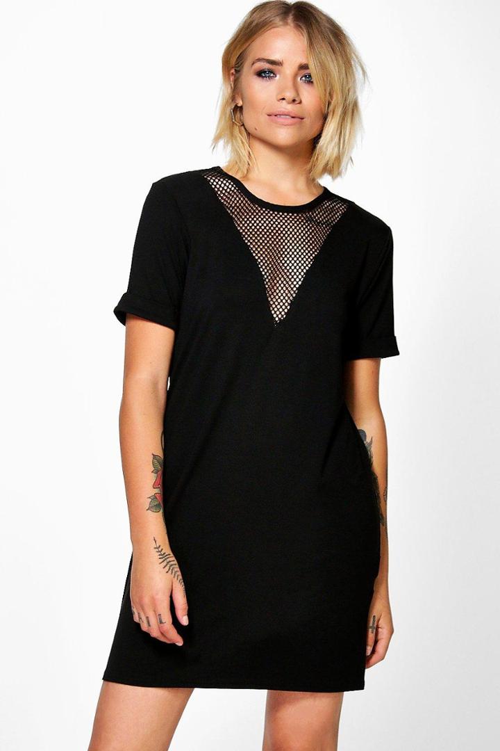 Boohoo Clarice V Mesh Insert T-shirt Dress Black