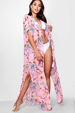 Boohoo Lily Tropical Floral Maxi Beach Kimono