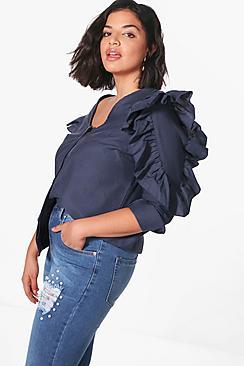 Boohoo Plus Ruffle Sleeve Button Through Blouse