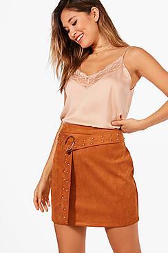 Boohoo Leah Studded Belt O Ring Suedette Mini Skirt