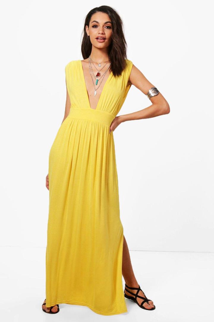 Boohoo Hollie Tie Front Cross Back Sleeveless Maxi Dress Yellow