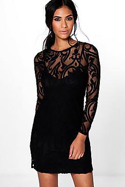 Boohoo Emma Flock And Mesh Bodycon Dress