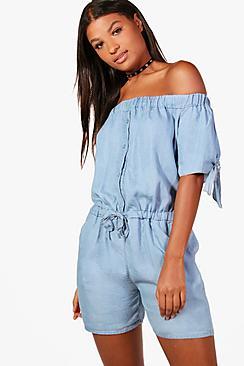 Boohoo Sophia Denim Look Off The Shoulder Playsuit